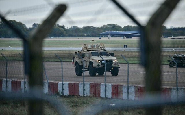 An armoured vehicle (C) patrols the interior at RAF Fairford base in Fairford, south-west England on September 28, 2026, a day after British counter-terrorism police were probing “a major” incident near the base. (Ben STANSALL/AFP) An armoured vehicle (C) patrols the interior at RAF Fairford base in Fairford, south-west England on September 28, 2026, a day after British counter-terrorism police were probing “a major” incident near the base. (Ben STANSALL/AFP)