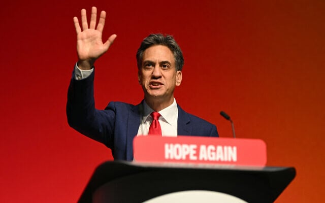 Britain’s Foreign Secretary Ed Miliband gestures as he arrives to deliver a speech on the second day of the annual Labour Party conference in Liverpool, north-west England, on September 28, 2026. (Oli SCARFF/AFP) Britain’s Foreign Secretary Ed Miliband gestures as he arrives to deliver a speech on the second day of the annual Labour Party conference in Liverpool, north-west England, on September 28, 2026. (Oli SCARFF/AFP)