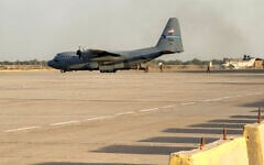 A US Air Force C-130 Hercules military transport aircraft prepares for takeoff from Camp Victory on the outskirts of Baghdad International Airport on September 29, 2026. (Ammar Karim/AFP)
