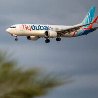 A flydubai Boeing 737 MAX 8 aircraft prepares for landing at Israel’s Ben Gurion Airport in Lod on September 30, 2026. (Jack Guez/AFP)