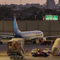 A flydubai Boeing 737 MAX 8 aircraft is pictured on the tarmac after landing at Israel’s Ben Gurion Airport on September 30, 2026. (Jack GUEZ/AFP)