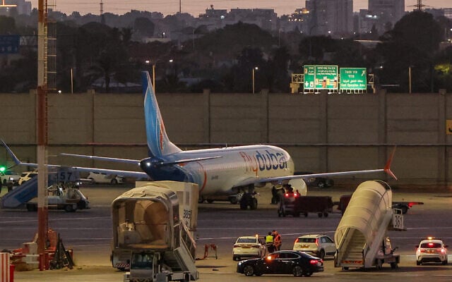 A flydubai Boeing 737 MAX 8 aircraft is pictured on the tarmac after landing at Israel’s Ben Gurion Airport on September 30, 2026. (Jack GUEZ/AFP)