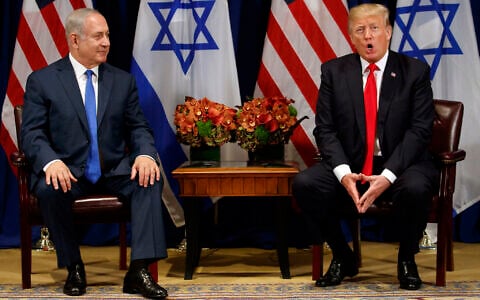 In this September 18, 2017, file photo, US President Donald Trump speaks during a meeting with Prime Minister Benjamin Netanyahu at the Palace Hotel during the United Nations General Assembly. (AP Photo/Evan Vucci)