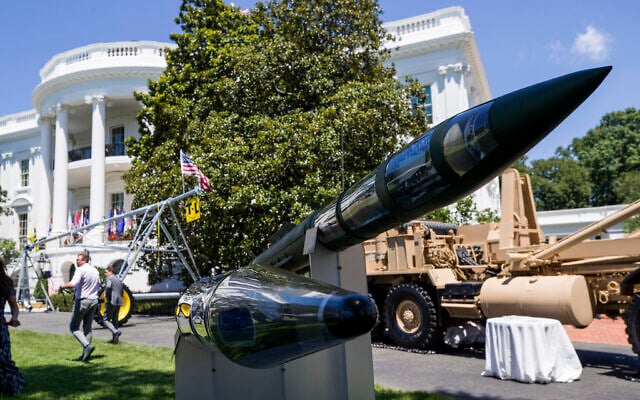 A Terminal High Altitude Area Defense (THAAD) anti-ballistic missile defense system is displayed during a Made in America showcase on the South Lawn of the White House, July 15, 2019, in Washington. (AP Photo/Alex Brandon) A Terminal High Altitude Area Defense (THAAD) anti-ballistic missile defense system is displayed during a Made in America showcase on the South Lawn of the White House, July 15, 2019, in Washington. (AP Photo/Alex Brandon)