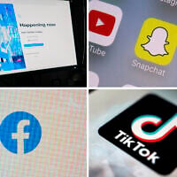 This combination of photos shows logos of X, formerly known as Twitter, top left; Snapchat, top right; Facebook, bottom left; and TikTok, bottom right. (AP Photo)