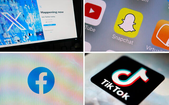 This combination of photos shows logos of X, formerly known as Twitter, top left; Snapchat, top right; Facebook, bottom left; and TikTok, bottom right. (AP Photo)