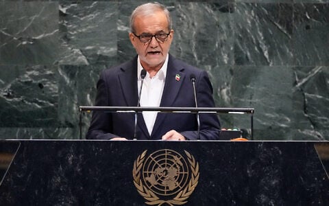 Iran President Masoud Pezeshkian addresses the 80th session of the United Nations General Assembly, September 24, 2025. (AP Photo/Richard Drew)