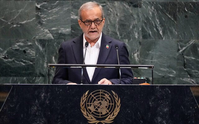 Iran President Masoud Pezeshkian addresses the 80th session of the United Nations General Assembly, September 24, 2025. (AP Photo/Richard Drew)