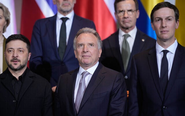 Ukraine’s President Volodymyr Zelensky, left, Steve Witkoff, centre, special envoy of the United States, Steve Witkoff, special envoy of the United States and Jared Kushner stand together in the chancellery in Berlin, Germany, December 15, 2025. (AP Photo/Markus Schreiber,Pool) Ukraine’s President Volodymyr Zelensky, left, Steve Witkoff, centre, special envoy of the United States, Steve Witkoff, special envoy of the United States and Jared Kushner stand together in the chancellery in Berlin, Germany, December 15, 2025. (AP Photo/Markus Schreiber,Pool)
