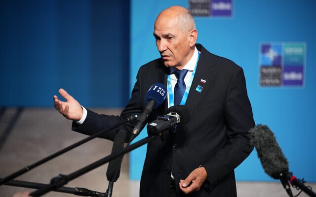 Slovenia’s Prime Minister Janez Jansa speaks as he arrives for the NATO summit in Ankara, Turkey, July 8, 2026. (AP Photo/Emrah Gurel)