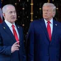 US President Donald Trump listens as Israel’s Prime Minister Benjamin Netanyahu speaks at Trump’s Mar-a-Lago club, December 29, 2025, in Palm Beach, Fla. (AP Photo/Alex Brandon)