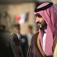 Saudi Arabia’s Crown Prince Mohammed bin Salman attends a welcome ceremony at the Hotel des Invalides in Paris, as part of a two-day official visit to France, August 24, 2026. (Julie Sebadelha/Pool Photo via AP)