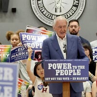Sen. Ed Markey speaks during a Get Out the Vote event supporting Markey, August 29, 2026 in Boston. (AP Photo/Mark Stockwell)
