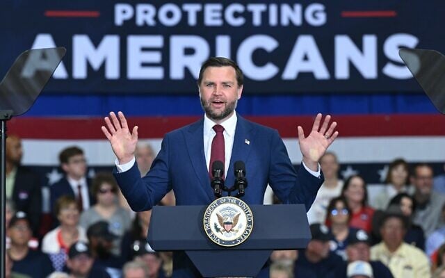US Vice President JD Vance speaks at Universal Contracting and Urban Tree Trimming, in Sterling Heights, Michigan, August 31, 2026. (Saul Loeb/Pool Photo via AP)
