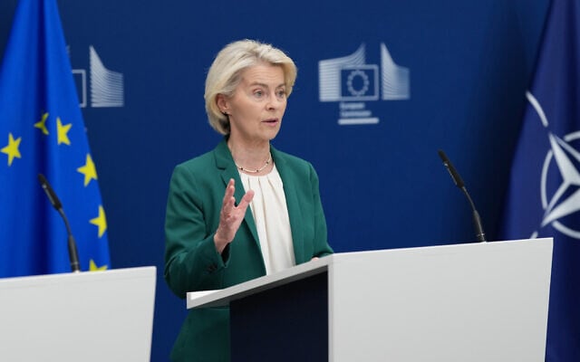 European Commission President Ursula von der Leyen delivers a press statement at EU headquarters in Brussels, September 2, 2026. (AP Photo/Virginia Mayo)