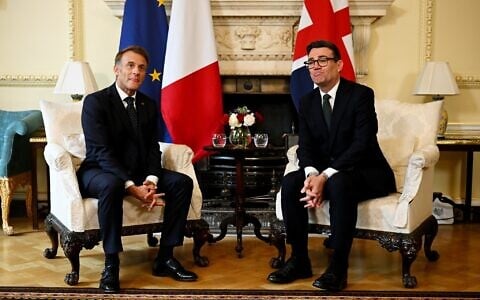 Britain’s Prime Minister Andy Burnham, right, speaks with French President Emmanuel Macron during a bilateral meeting at 10 Downing Street, in London, September 3, 2026. (Leon Neal/Pool Photo via AP)