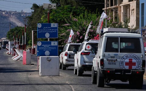 A Red Cross convoy passes a Lebanese checkpoint near the border with Israel in the southern village of Mansouri, Lebanon, Sept. 4, 2026. (AP/Mohammed Zaatari)
