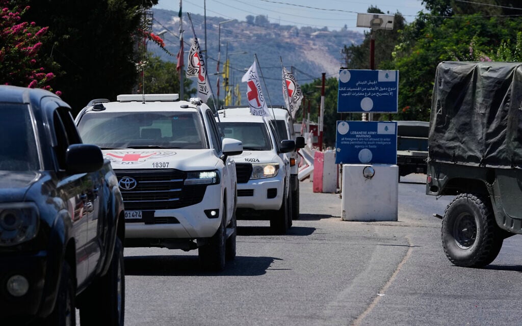 A Red Cross convoy escorts four released prisoners who were held in Israeli prisons as they arrive in the southern village of Mansouri, Lebanon, September 4, 2026. (AP Photo/Mohammed Zaatari) A Red Cross convoy escorts four released prisoners who were held in Israeli prisons as they arrive in the southern village of Mansouri, Lebanon, September 4, 2026. (AP Photo/Mohammed Zaatari)