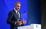 Greek Prime Minister Kyriakos Mitsotakis delivers a speech during Thessaloniki’s international trade fair, in the northern city of Thessaloniki, Greece, September 5, 2026. (AP Photo/Giannis Papanikos)