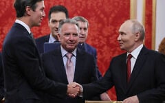 Russian President Vladimir Putin, right, greets US President Donald Trump’s envoys Jared Kushner, left, and Steve Witkoff, center, prior to talks at the Senate Palace of the Kremlin in Moscow, on September 5, 2026. (Mikhail Metzel/Sputnik/Kremlin Pool Photo via AP)