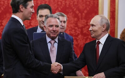 Russian President Vladimir Putin, right, greets US President Donald Trump’s envoys Jared Kushner, left, and Steve Witkoff, center, prior to talks at the Senate Palace of the Kremlin in Moscow, on September 5, 2026. (Mikhail Metzel/Sputnik/Kremlin Pool Photo via AP)