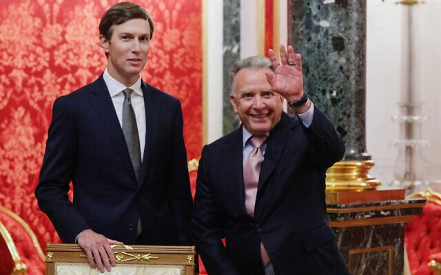 US President Donald Trump’s envoys Steve Witkoff, right, and Jared Kushner wait to attend the talks with Russian President Vladimir Putin at the Senate Palace of the Kremlin in Moscow, on September 5, 2026. (Gavriil Grigorov/Sputnik/Kremlin Pool Photo via AP)