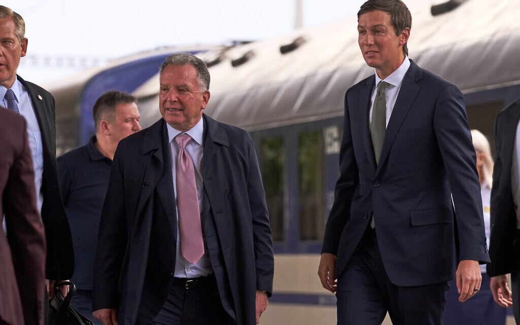 US President Donald Trump’s envoys Steve Witkoff, left, and Jared Kushner arrive in Kyiv, Ukraine, September 6, 2026. (AP/Francisco Seco)