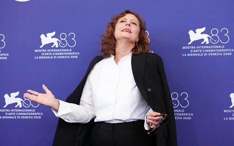 Susan Sarandon poses for photographers at the photo call for the film "The Echo Chamber" during the 83rd edition of the Venice Film Festival in Venice, Italy, on September 6, 2026. (Scott A Garfitt/Invision/AP)