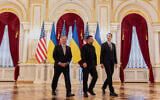 In this photo provided by the Ukrainian Presidential Press Office, Ukraine’s President Volodymyr Zelensky, center, walks with US President Donald Trump’s envoys Jared Kushner, right, and Steve Witkoff at Mariinsky palace in Kyiv, Ukraine, September 6, 2026. (Ukrainian Presidential Press Office via AP)