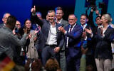 Top candidate Ulrich Siegmund shows thumbs up beside party leaders Tino Chrupalla and Alice Weidel, from left, at an election party of the “Alternative for Germany” (AfD) after the Saxony-Anhalt state election in Magdeburg, eastern Germany, September 6, 2026. (AP Photo/Matthias Schrader)