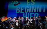 Top candidate Ulrich Siegmund and party leaders Tino Chrupalla and Alice Weidel, speak to party members in front of a reading “it starts here” at an election party of the “Alternative for Germany” (AfD) after the Saxony-Anhalt state elections in Magdeburg, eastern Germany, September 6, 2026. (AP Photo/Matthias Schrader)