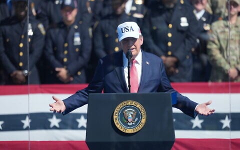 US President Donald Trump speaks during a Steel Across America event with the Tunnel to Towers Foundation on the Ellipse, September 8, 2026, in Washington. (AP Photo/Mark Schiefelbein)