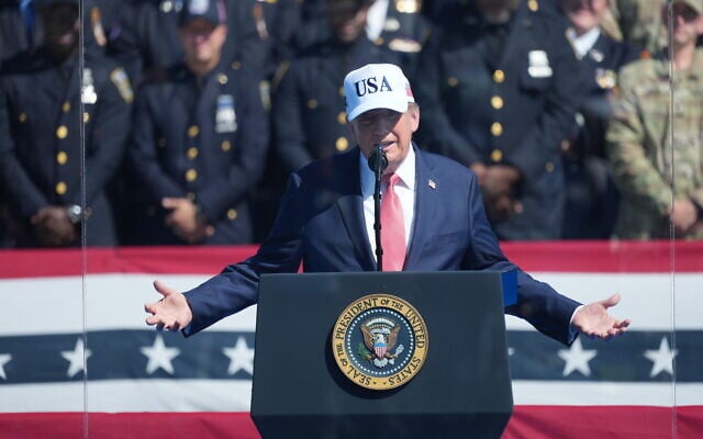 US President Donald Trump speaks during a Steel Across America event with the Tunnel to Towers Foundation on the Ellipse, September 8, 2026, in Washington. (AP Photo/Mark Schiefelbein)