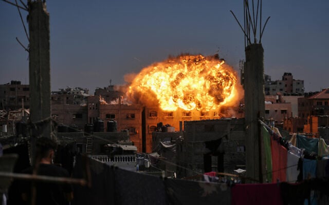 An explosion erupts following an Israeli airstrike in Gaza City, September 9, 2026. (AP/Jehad Alshrafi)