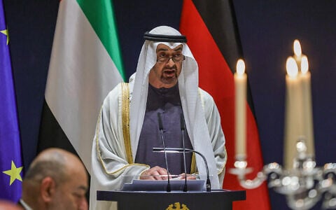 The leader of the United Arab Emirates, Sheikh Mohammed bin Zayed Al Nahyan, delivers a speech during a state banquet at the presidential residence in Berlin, Germany, September 10, 2026. (Omer Messinger/Pool Photo via AP)