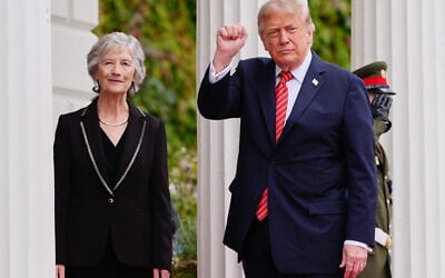 Ireland’s President Catherine Connolly, left, hosts US President Donald Trump ahead of a meeting at Áras an Uachtaráin in Dublin, September 12, 2026. (AP Photo/Julia Demaree Nikhinson)