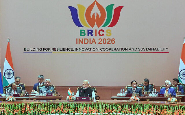 ndian Prime Minister Narendra Modi, center, speaks during the BRICS summit in New Delhi, India, on September 12, 2026. (Indian Foreign Ministry via AP)