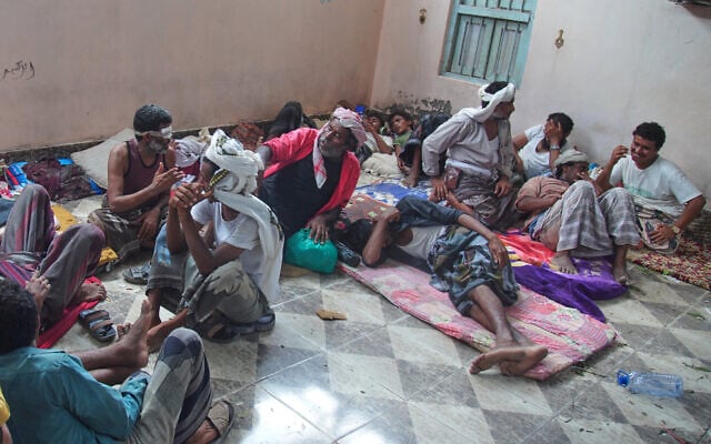 Displaced Yemenis rest at a temporary shelter in the Dar Saad district of Aden, Yemen, on September 12, 2026, after fleeing Houthi attacks in the western coastal cities of al-Khokha and Mokha. (AP Photo/Abdulnasser Alseddik)
