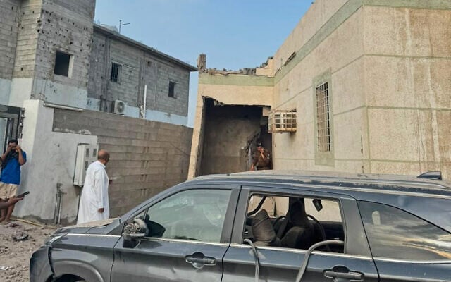 This photo provided by the Saudi Press Agency shows damage to a building after a projectile fell in Al-Tawwal, Jazan, Saudi Arabia, on the southern border with Yemen, September 12, 2026. (Saudi Press Agency via AP)