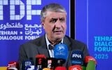 Head of Iran’s Atomic Energy Organization Mohammad Eslami speaks at a news briefing in Tehran, Iran, November 16, 2025. (Vahid Salemi/AP)