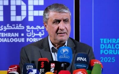 Head of Iran’s Atomic Energy Organization Mohammad Eslami speaks at a news briefing in Tehran, Iran, November 16, 2025. (Vahid Salemi/AP)