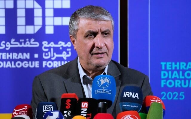 Head of Iran’s Atomic Energy Organization Mohammad Eslami speaks at a news briefing in Tehran, Iran, November 16, 2025. (Vahid Salemi/AP) Head of Iran’s Atomic Energy Organization Mohammad Eslami speaks at a news briefing in Tehran, Iran, November 16, 2025. (Vahid Salemi/AP)