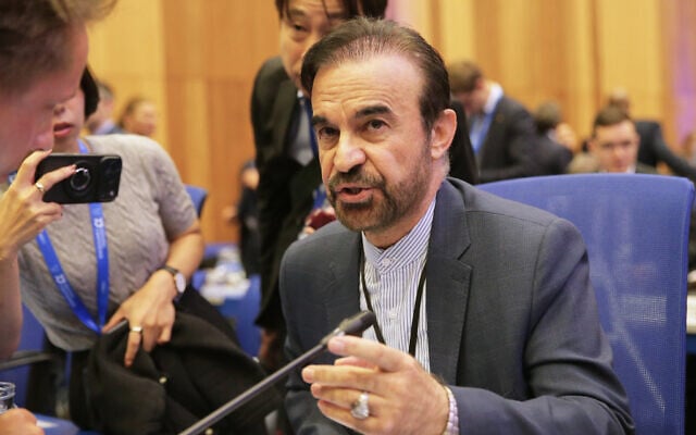 Reza Najafi, Iran’s IAEA ambassador, talks to the media during the annual General Conference of the International Atomic Energy Agency (IAEA) in Vienna, Austria, September 14, 2026. (AP Photo/Heinz-Peter Bader)