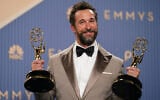 Noah Wyle poses in the press room with the awards for outstanding lead actor in a drama series for “The Pitt” and outstanding drama series for “The Pitt” during the 78th Emmy Awards on September 14, 2026, at the JW Marriott in Los Angeles. (Richard Shotwell/Invision/AP)