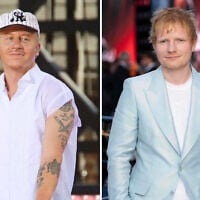 Recording artist Macklemore appears on ABC’s “Good Morning America” Summer Concert Series in Central Park in New York on July 22, 2022, left, and Ed Sheeran appears at the premiere of the film “F1 The Movie” in London on June 23, 2025. (AP Photo)