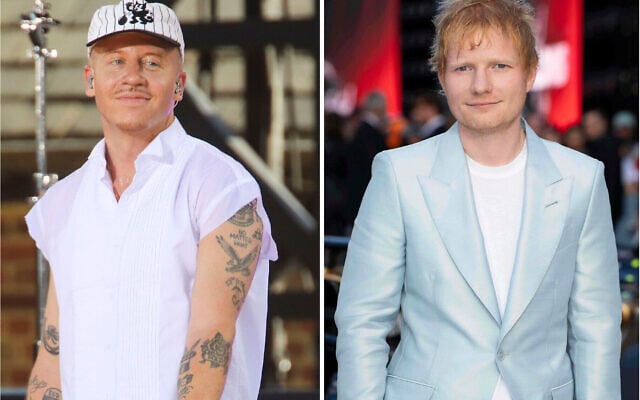 Recording artist Macklemore appears on ABC’s “Good Morning America” Summer Concert Series in Central Park in New York on July 22, 2022, left, and Ed Sheeran appears at the premiere of the film “F1 The Movie” in London on June 23, 2025. (AP Photo)