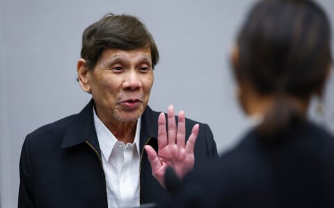 Former Philippine President Rodrigo Duterte appears before the International Criminal Court in The Hague, Netherlands, September 16, 2026. (Piroschka van de Wouw/Pool Photo via AP)