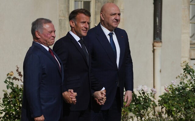 French President Emmanuel Macron, center, Jordan’s King Abdullah II, left, and Lebanese President Joseph Aoun pose before a meeting at the Hotel des Invalides in Paris, September 17, 2026. (Thibault Camus/AP)