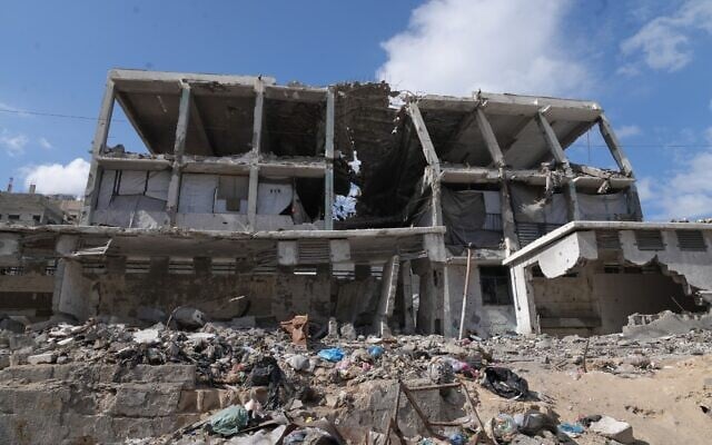 A destroyed UN-run school in the Shati refugee camp in Gaza City, on the first day of the new academic year, September 19, 2026. (AP Photo/Jehad Alshrafi)