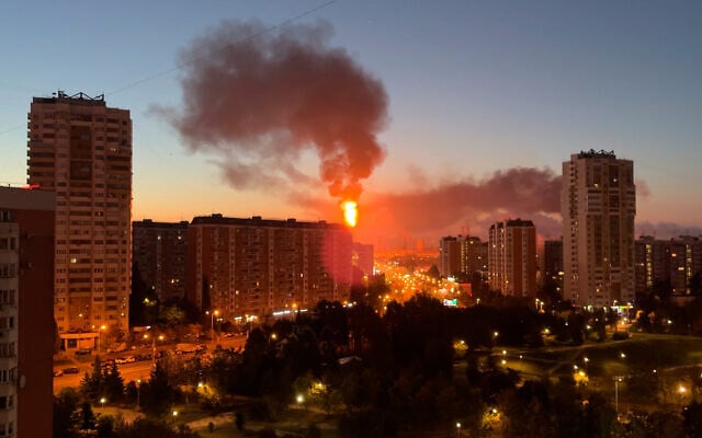 Flame and smoke is seen rising from Moscow’s oil refinery in the south east of the city following a largescale Ukrainian drone attack, in Moscow, Russia, September 20, 2026. (UGC via AP)